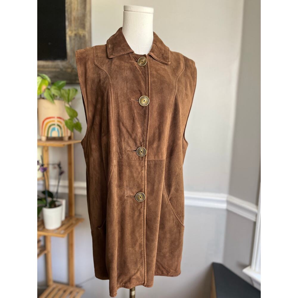 Vintage 70s Brown Suede Vest Brass Button Collared Western Country Size Large